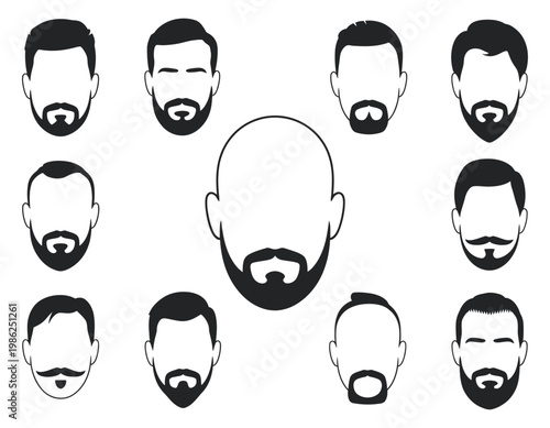 Collection, male head silhouette illustrations featuring diverse beard mustache styles vector set, grooming concept portraits isolated minimal design elements bundle