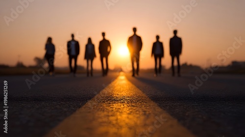 A group of people walks together down a vibrant glowing road toward the sunrise symbolizing a shared journey into the future
