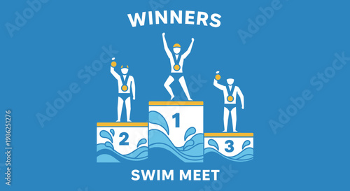Swimming Competition Celebration: Winners Standing Proud on the Podium After the Swim Meet
