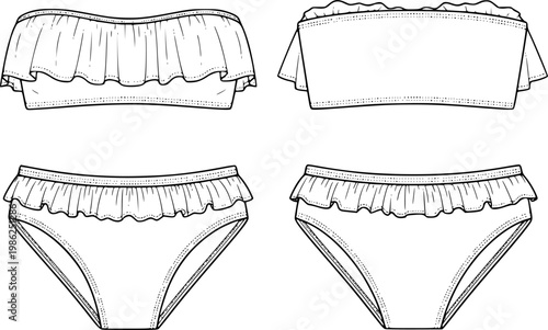 womens ruffle trim bandeau bikini set strapless tube top two piece swim suit flat sketch vector illustration technical cad drawing template
