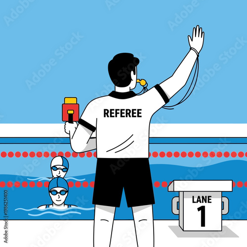 Swimming Competition Referee Signaling Start Of The Race With Participants And Numbered Lane