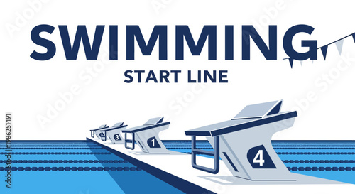 Swimming Competition Start Line Depiction with Lane Markers and Numbers for Competitive Events