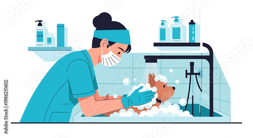 Dog Groomer Washing a Small Dog in a Salon.