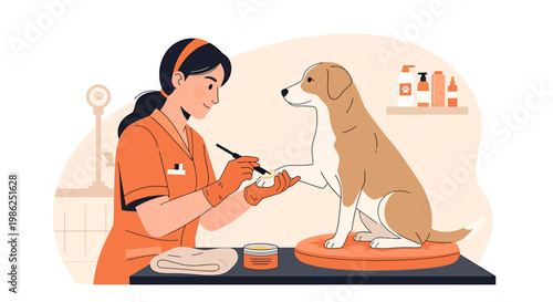 Dog getting its nails trimmed by a female groomer.