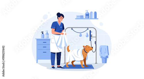 Dog in a towel at the groomers getting ready for a bath.