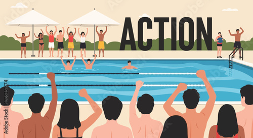 Swimming Pool Celebration: Energetic Group Embracing Positive Action And Team Spirit