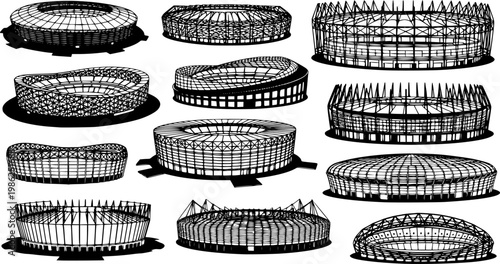 A collection of stadium outlines showcases diverse architectural designs presented as striking black silhouettes high quality professional detailed modern elegant stylish