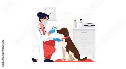 Dog receiving a vaccine from a veterinarian in a clinic.