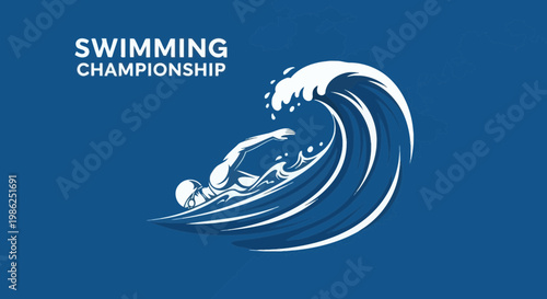 Swimming Competition Graphic Depicting an Athlete Within a Majestic, Dynamic Wave on Blue
