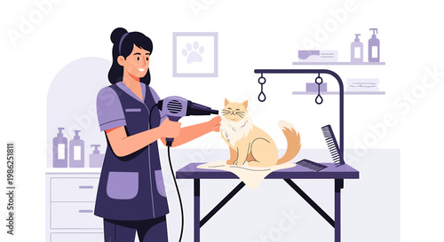 Fluffy Cat Being Groomed with Blower by Professional Groomer.