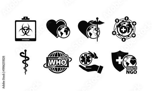 Icons representing global health and medical organizations and themes
