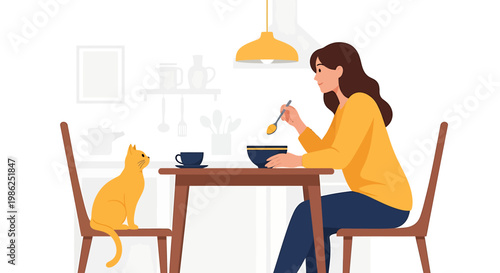 Ginger Cat Sitting on Chair Looking at Woman Eating Breakfast.