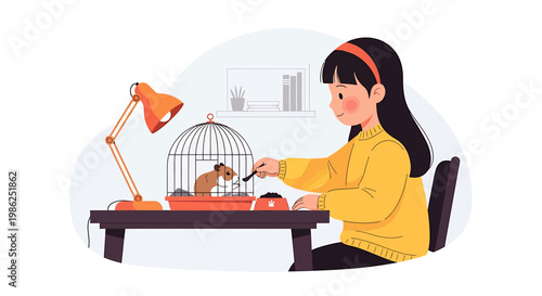 Girl Feeding Bird in Cage with Care and Affection.