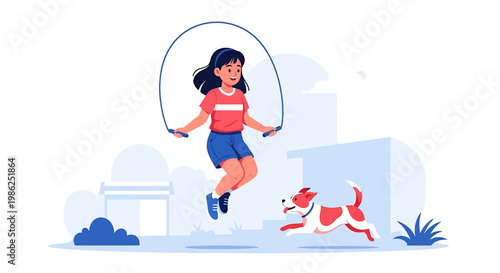 Girl Engaging in Jump Rope Exercise with Energetic Dog.
