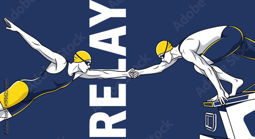 Swimming Relay: Illustrative Depiction of Competitive Spirit and Handover in Aquatic Sport