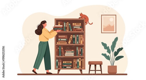 Illustration of a woman placing books on a bookshelf.