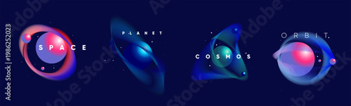 Abstract illustration featuring colorful, swirling planetary designs with the words 'Space', 'Cosmos', and 'Planet'. The vibrant colors and dynamic shapes evoke a sense of cosmic wonder.