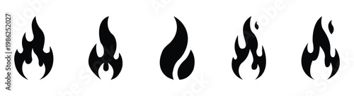 Fire Flame Icon Set – Burning Flame Shapes in Solid and Stylized Vector Collection. Fire flame symbol. Bonfire silhouette logotype. Vector illustration