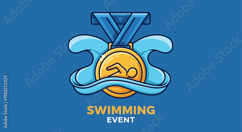 Swimming Event Medal Icon With Dynamic Water Waves And Blue Ribbon