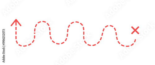 Red dashed arrow pointing up and then curving to the right with a red cross.