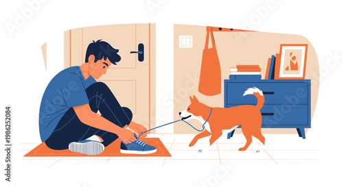 Man Attaching Leash to Dog for Walk Preparation Indoors.