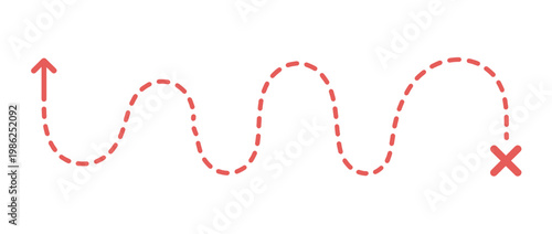 Red dashed arrow pointing up and then curving to the right ending with a red cross.