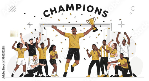 Team Celebrates Victory, Holding Trophy And Joyfully Celebrating Their Championship