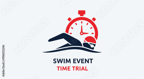 Swimming Time Trial Graphic Depicting an Athlete Against a Timer Icon Illustration