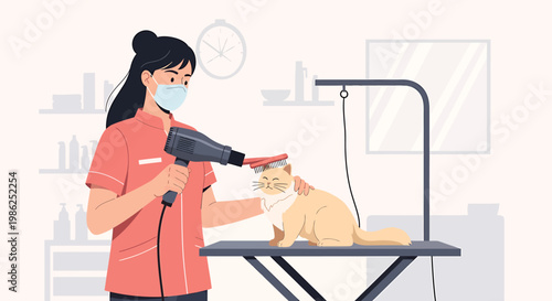 Stylized Cat Grooming Illustration with Blower and Table.