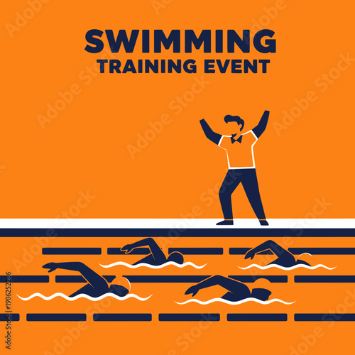 Swimming Training Event Illustration Depicting Swimmers, Coach, and Water Elements for Sport Design