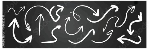 Collection of hand-drawn white arrows on a chalkboard background, indicating direction.