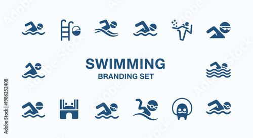 Swimming Icon Set With Various Pool Elements Ready For Branding Applications