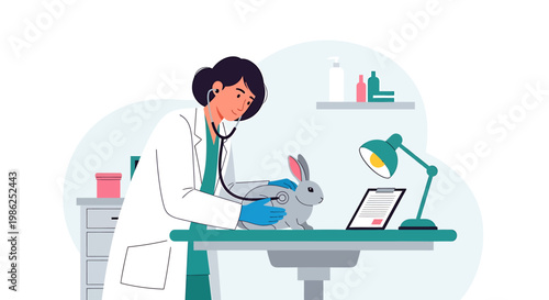 Veterinarian Examining a Rabbit with Stethoscope in Clinic.