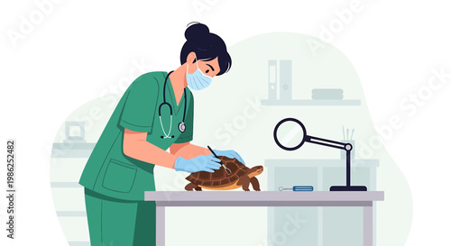 Veterinarian Examining a Turtle with Care in a Clinic.