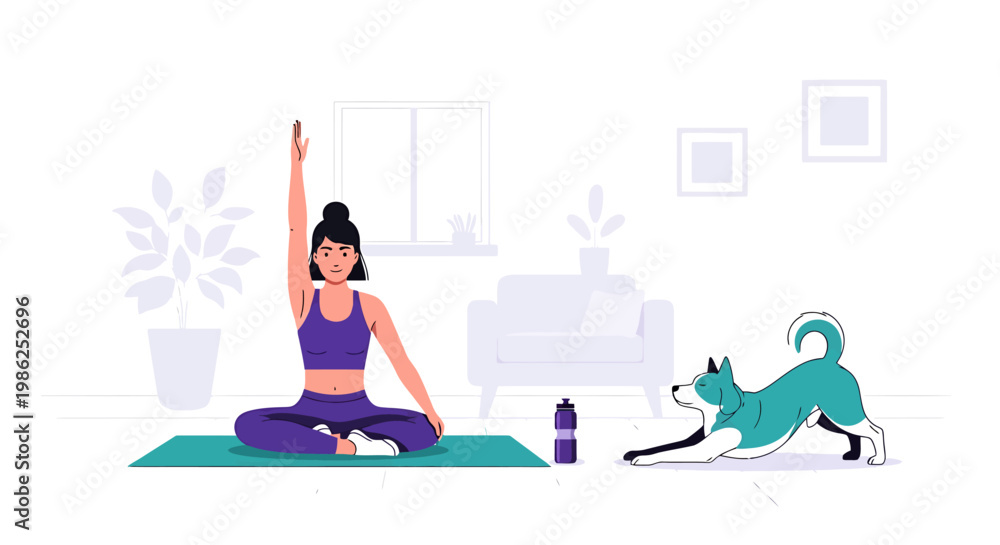 Obraz premium Woman in Yoga Pose on Mat with Arm Raised.