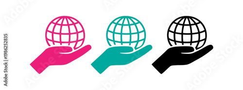 Hand holding a globe icon in three different colors, representing global care