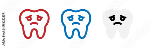 Sad tooth icon in three colors, representing dental pain and oral health concerns