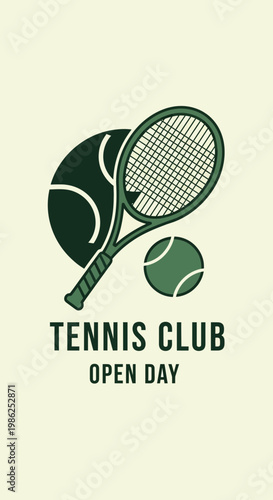 Tennis Club Open Day Announcement With Racket and Ball Graphics