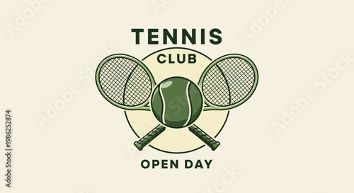 Tennis Club Open Day Design Showcasing Racquets, Ball, and Sporting Event Invitation