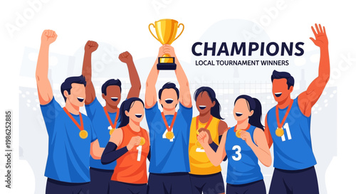 Team Of Celebratory Winners Displaying Trophy And Medals After The Championship Victory