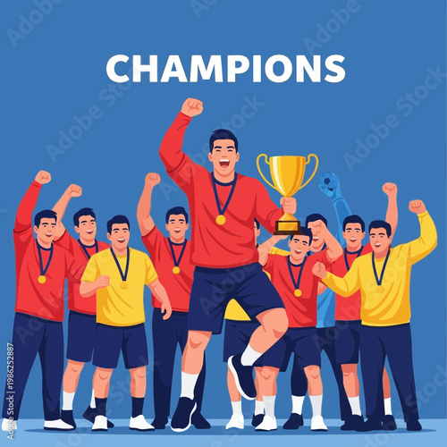 Team Of Celebratory Individuals Triumphantly Holding A Golden Trophy After Victory