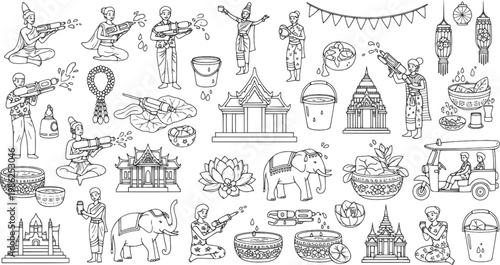 Traditional Thailand Culture Icons Set – Songkran Festival, Temples, Food, Elephants Line Art Illustration