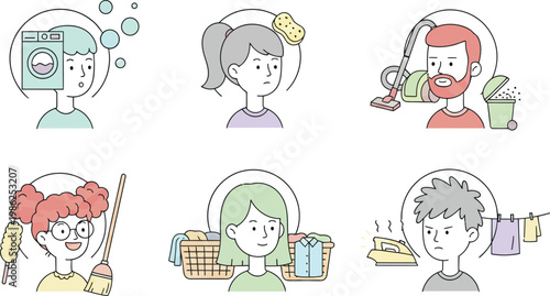 Set of people doing household chores simple flat vector illustration for cleaning and laundry concepts isolated on white background
