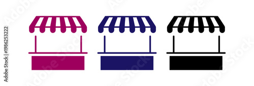 Colorful icons of market stalls with striped awnings
