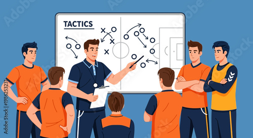 Team Strategy Discussion With Coach and Players, Illustrating Football Tactics Planning
