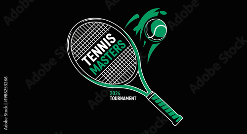 Tennis Masters Tournament 2024 Emblem: Green Racquet And Ball Against Black Backdrop