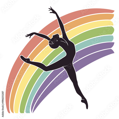 Ballet dancer jumping with colorful rainbow.