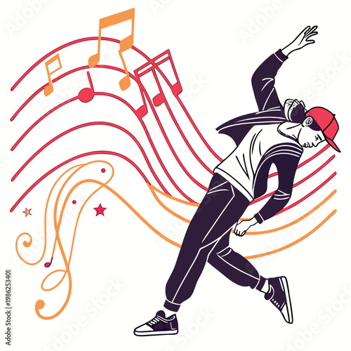 Breakdancer with headphones and music notes.