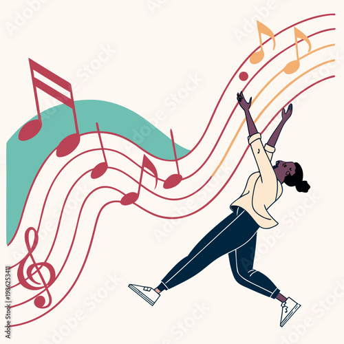 Female dancer reaching for floating musical notes.