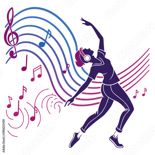 Woman dancing to music with headphones and notes.
